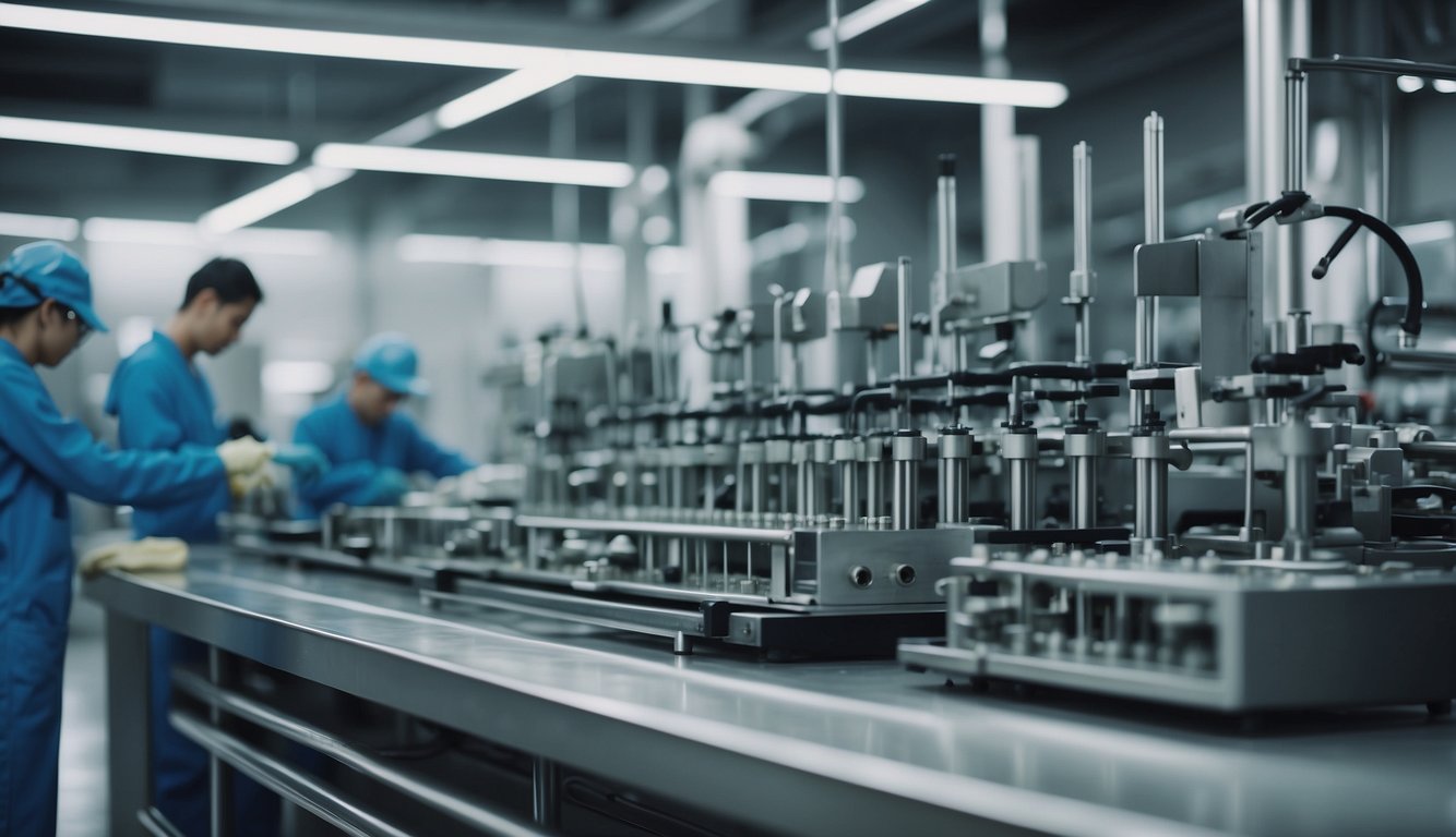 A manufacturing facility with modern equipment and quality control processes. A team of experts conducting tests and inspections. Clean, organized, and efficient production line