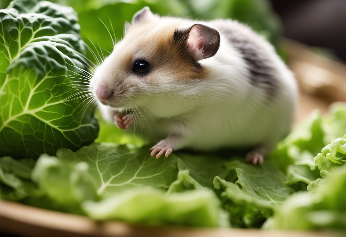 A hamster nibbles on a leaf of cabbage, its tiny paws holding the green vegetable as it chews