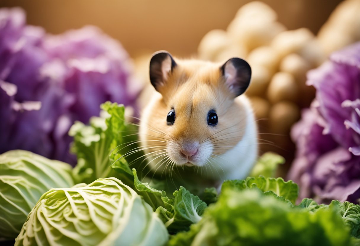 A hamster sits near a pile of cabbage, sniffing and nibbling on a leaf