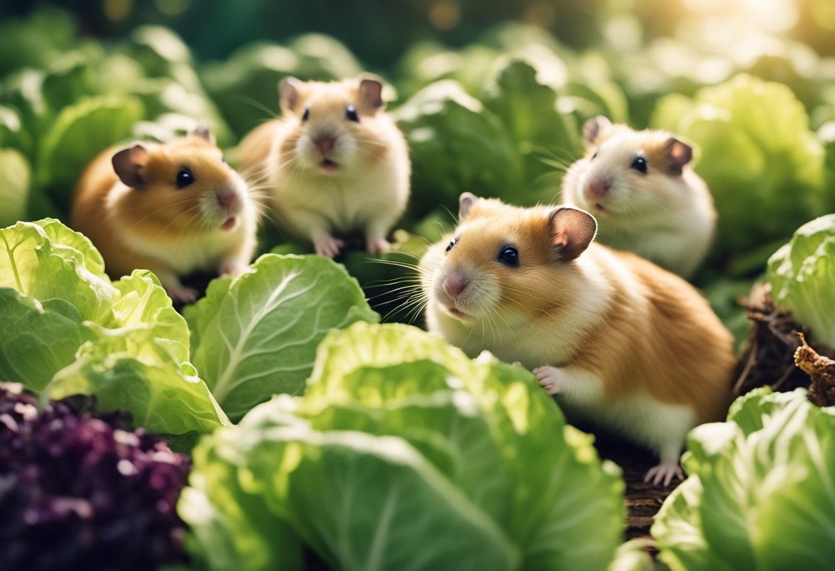 A group of hamsters eagerly nibble on a pile of fresh cabbage, their tiny paws reaching out to grab the crunchy leaves