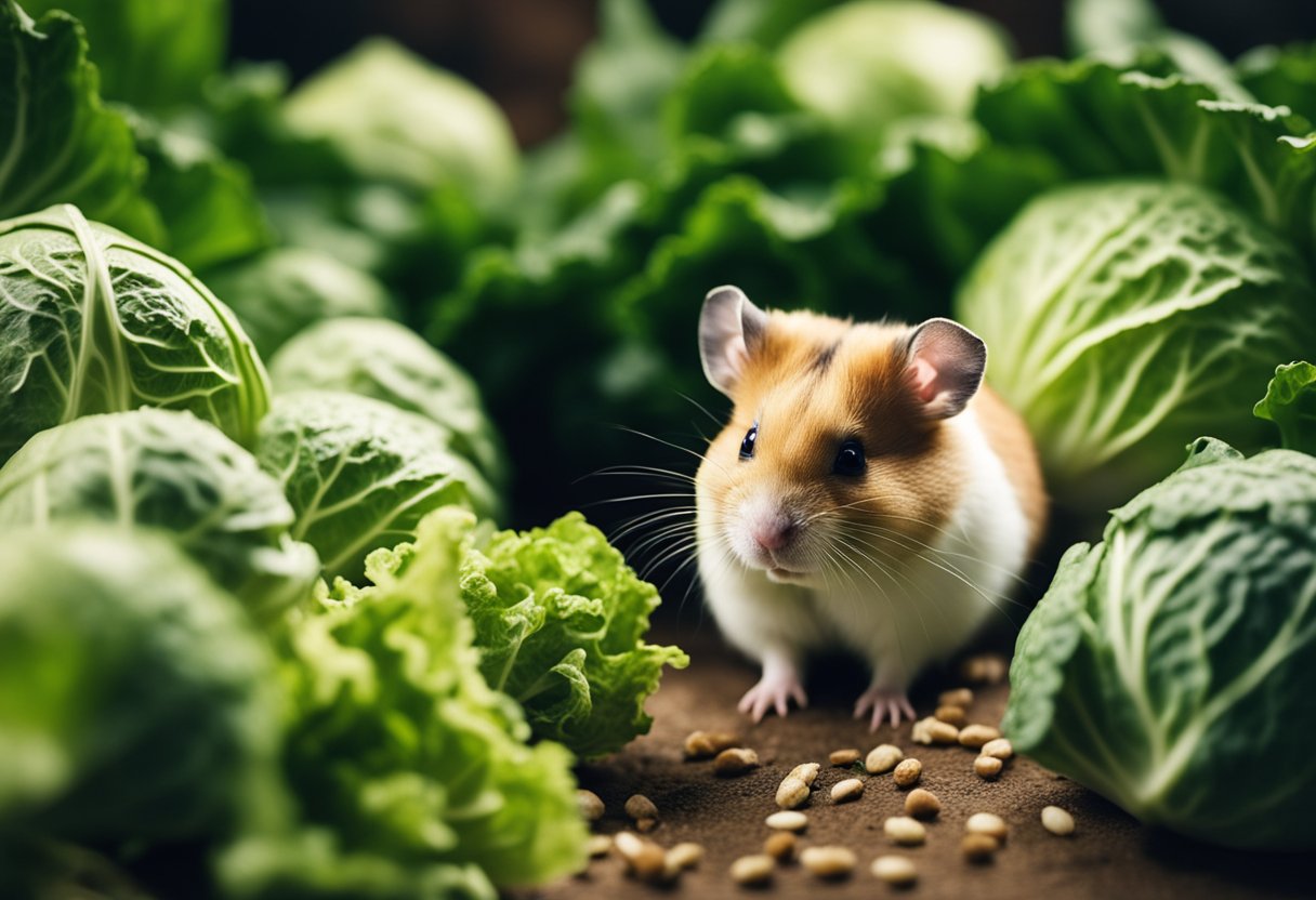 Hamsters surrounded by cabbage, some nibbling on it, others sniffing curiously