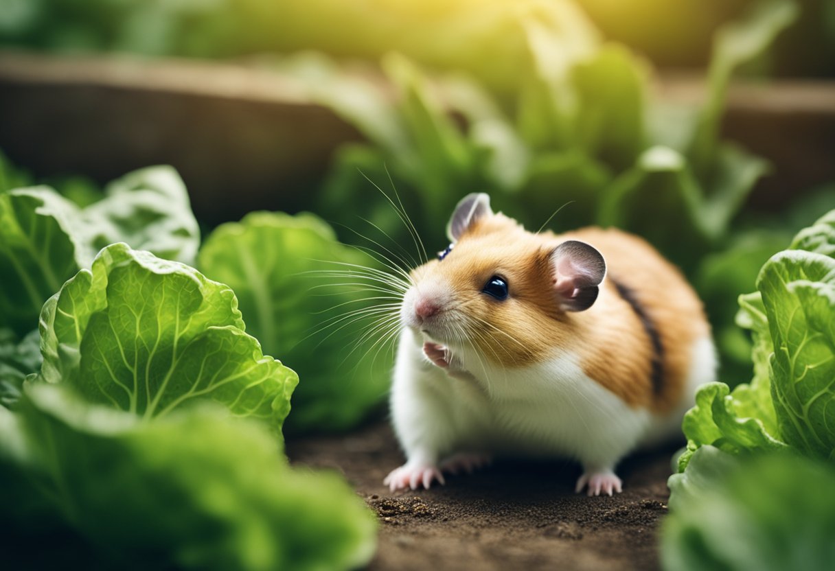 A curious hamster sniffs a fresh cabbage leaf, pondering its edibility