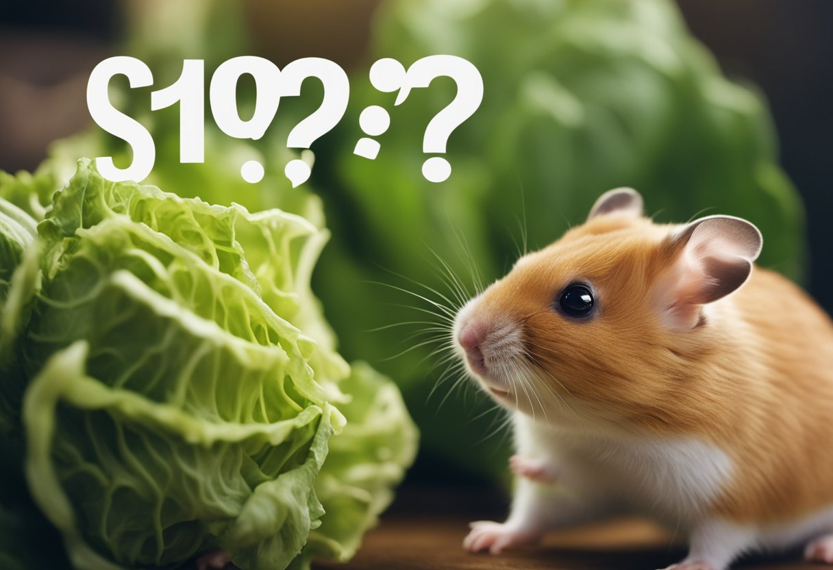 A curious hamster sniffs a piece of cabbage, while a question mark hovers above its head