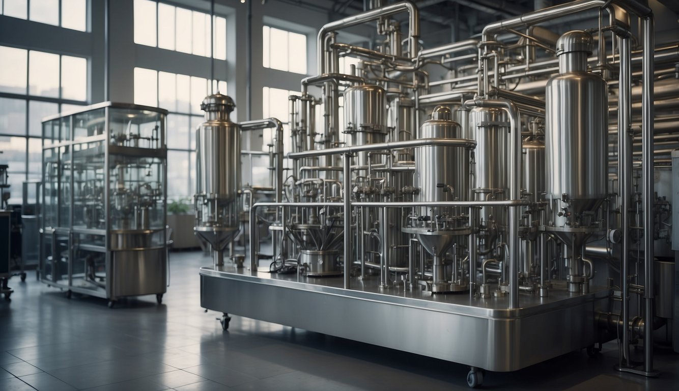 A large herbal extraction machine hums as it processes plant material, with tubes and valves controlling the flow of liquids and gases