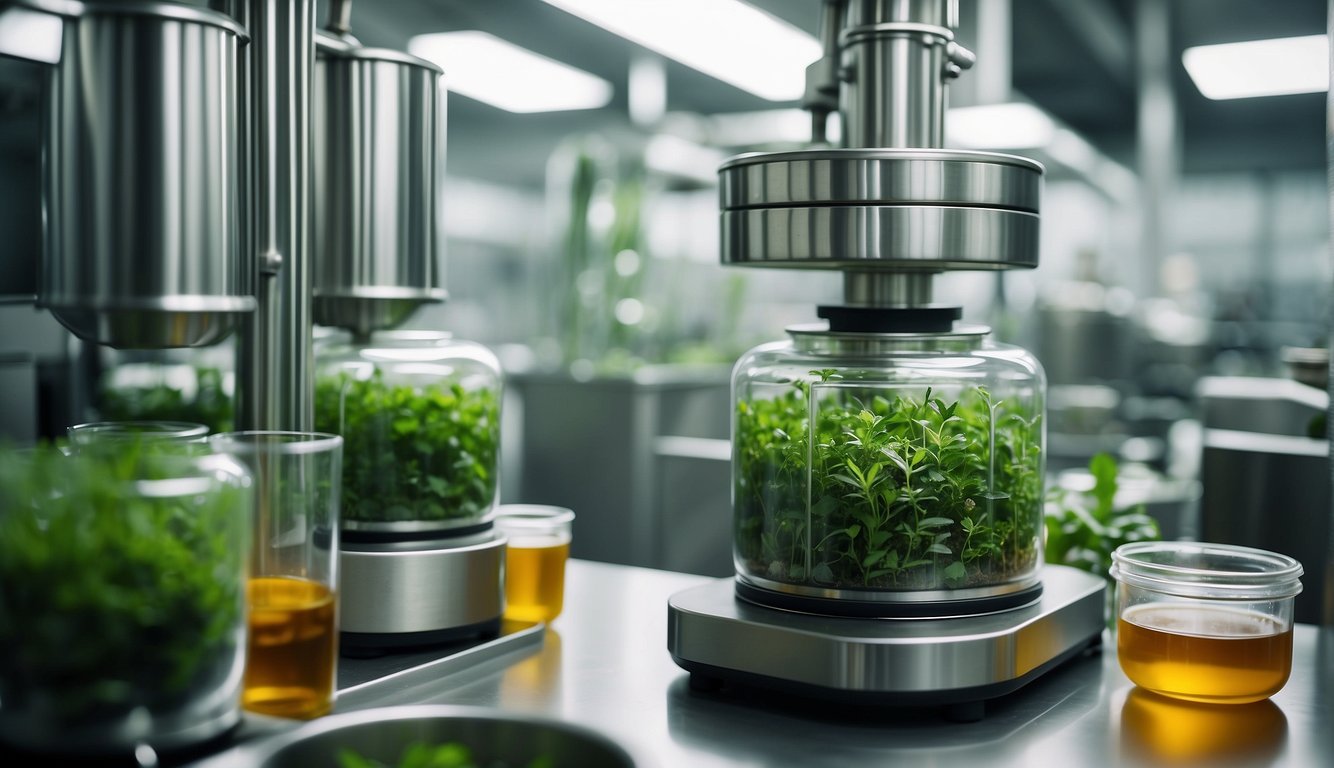A modern herbal extraction machine hums as it processes plant material, surrounded by sleek, stainless steel equipment. Bright green herbs are seen entering the machine, while amber-colored liquid flows out into waiting containers