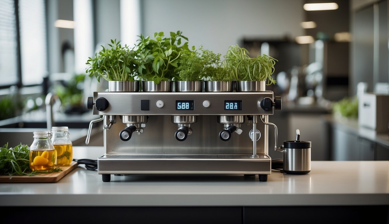 A sleek, stainless steel machine sits on a countertop, with various tubes and valves. A collection of fresh herbs and plants are nearby, ready to be loaded into the machine for extraction