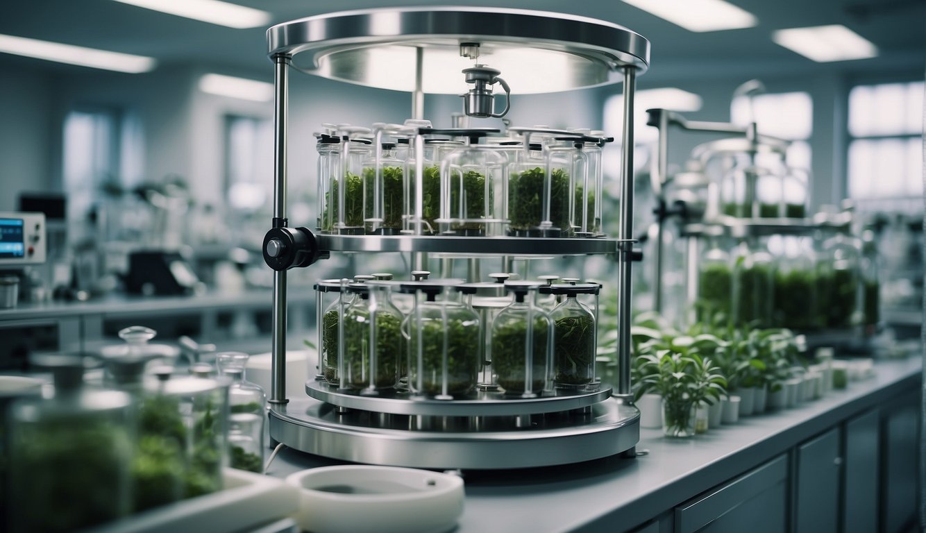 A modern herbal extraction machine in a clean laboratory setting, with various tubes, valves, and gauges, surrounded by shelves of neatly organized botanical ingredients