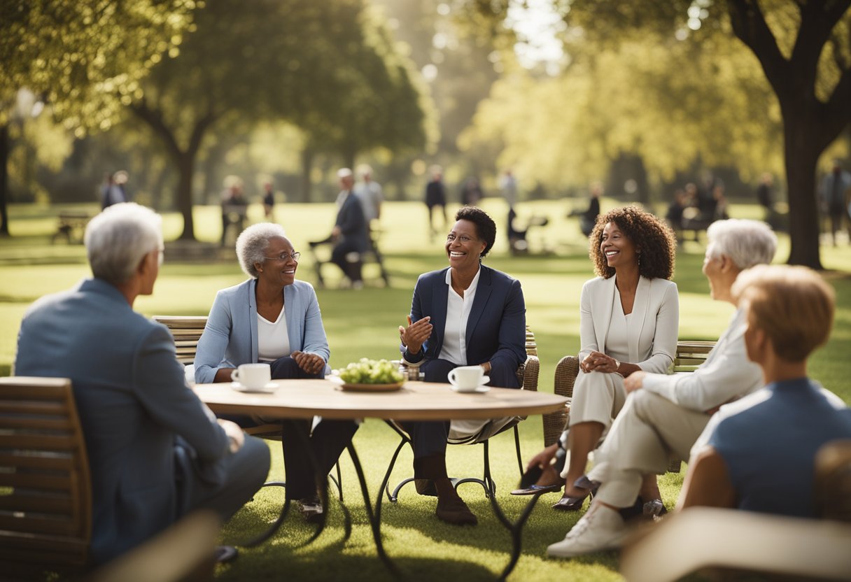 A serene park with a diverse group of people discussing and comparing different retirement plans, while a financial advisor presents options