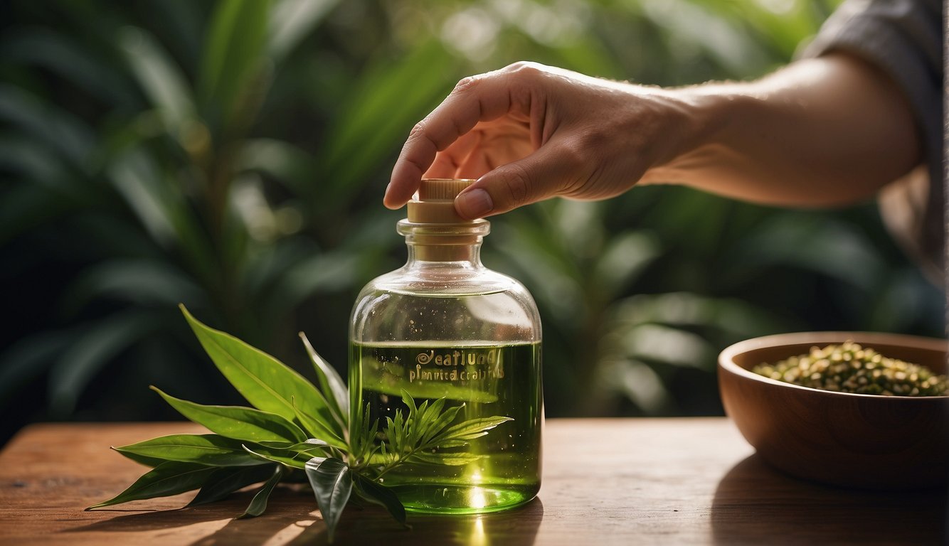 A hand pours herbalist shampoo from a bottle into a palm