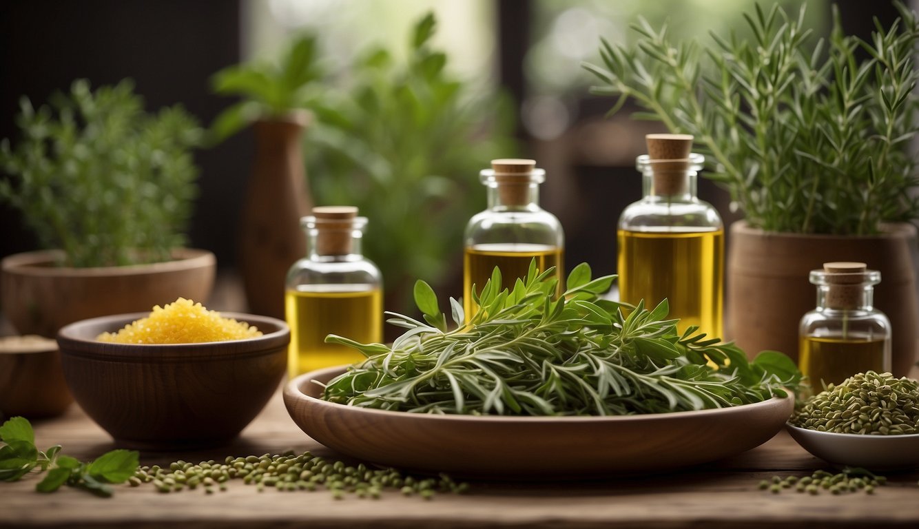 A table displays fresh herbs, oils, and natural extracts for herbal shampoo