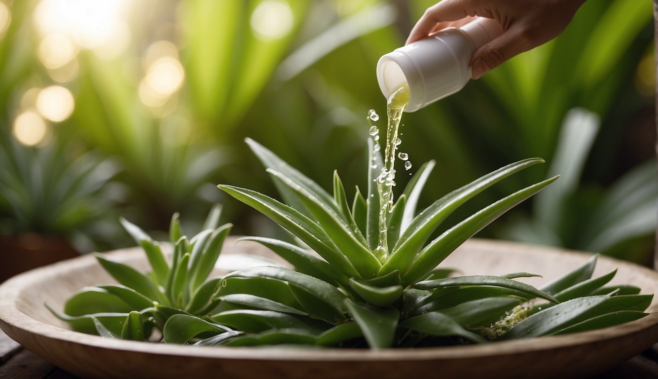 A woman's hand pours herbal shampoo onto a lush green plant, with a backdrop of natural ingredients like aloe and coconut