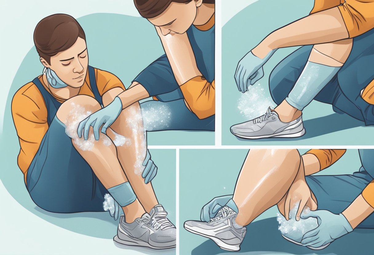 A person applying ice to their knee, then elevating it and taking pain medication