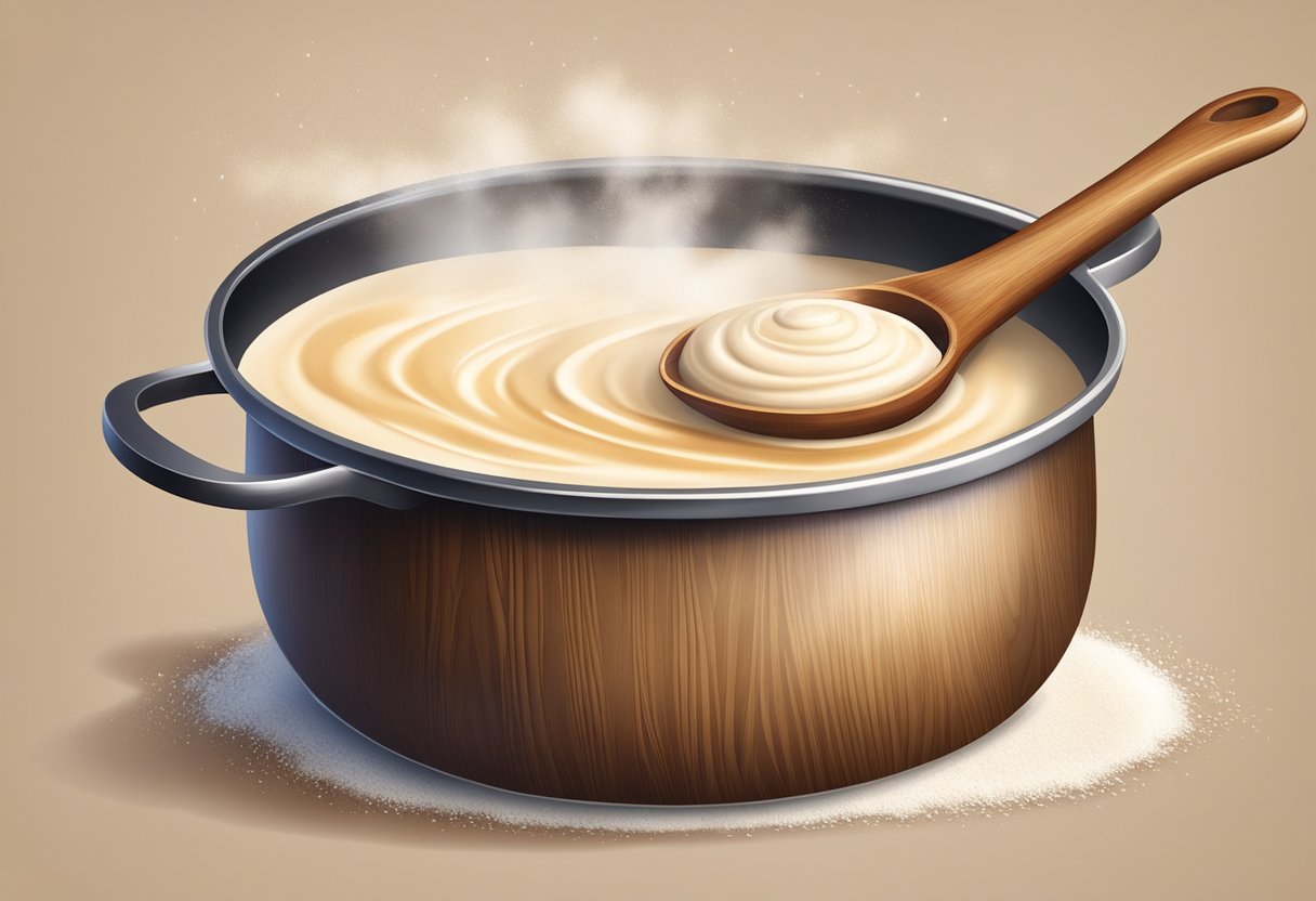 A pot of simmering sauce thickens as a wooden spoon stirs in flour, creating a smooth and creamy texture