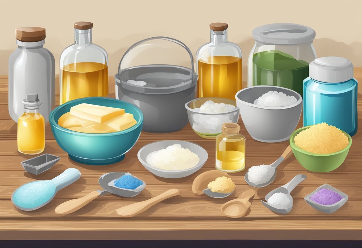 A table with ingredients and tools for making homemade soap. Oil, lye, water, molds, and mixing utensils are neatly arranged