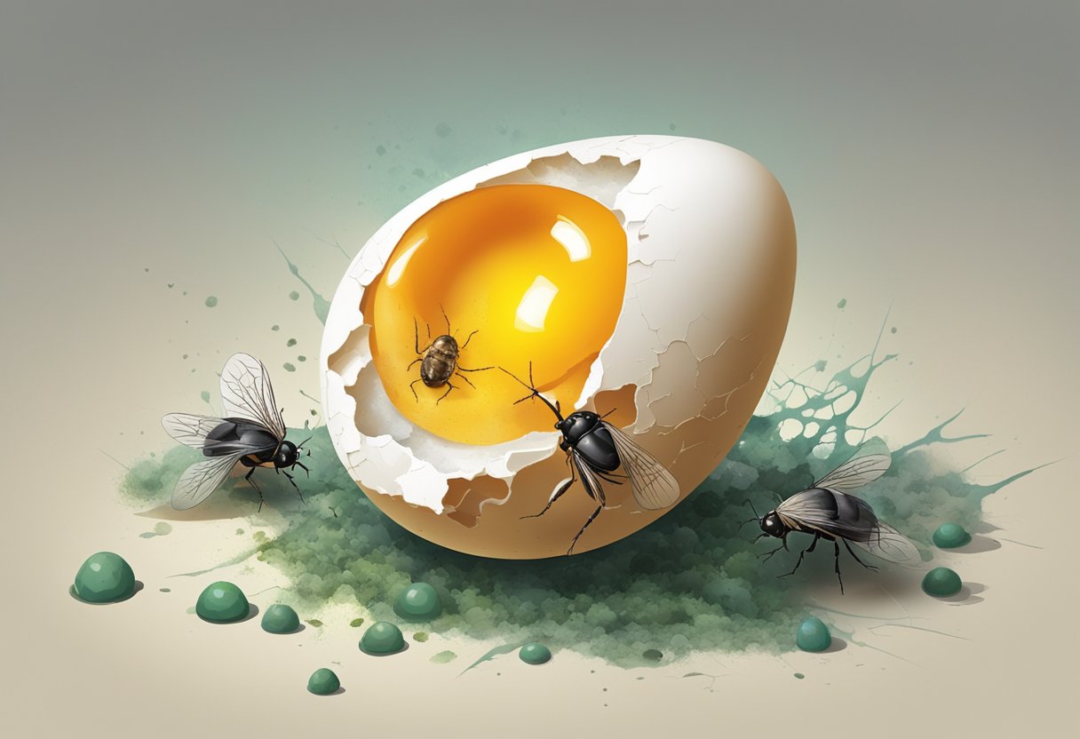 A cracked egg with a foul odor, surrounded by flies and mold