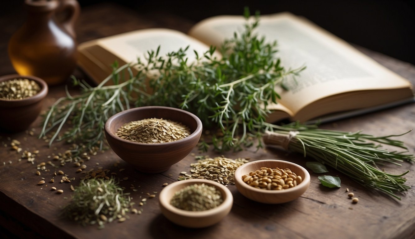 A table covered in dried herbs, mortar and pestle, and open book with herbal recipes