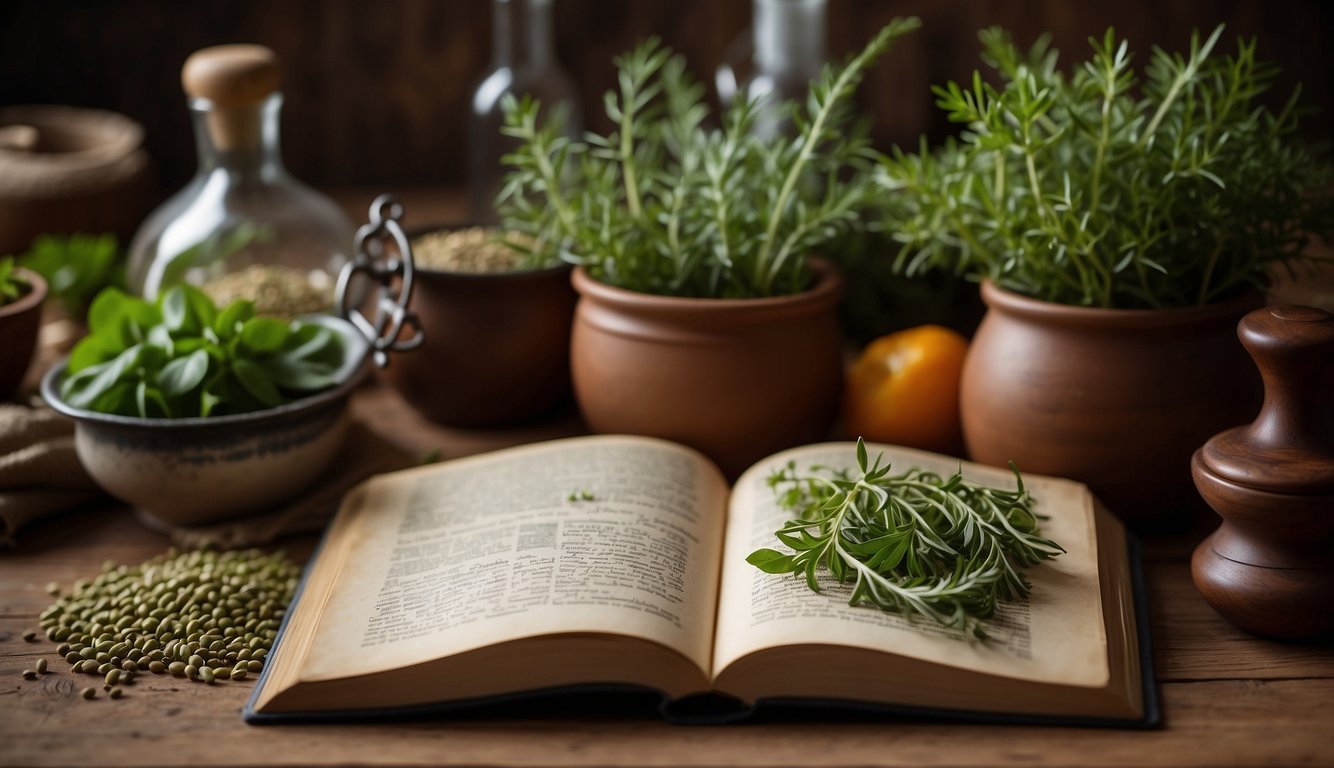 An open herbal recipes book surrounded by fresh herbs and mortar and pestle on a wooden table
