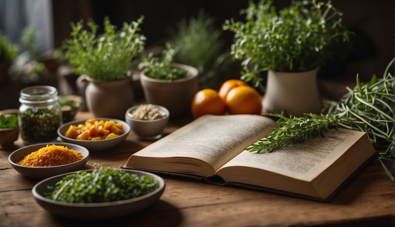 A table displays open herbal recipe book surrounded by fresh herbs and ingredients