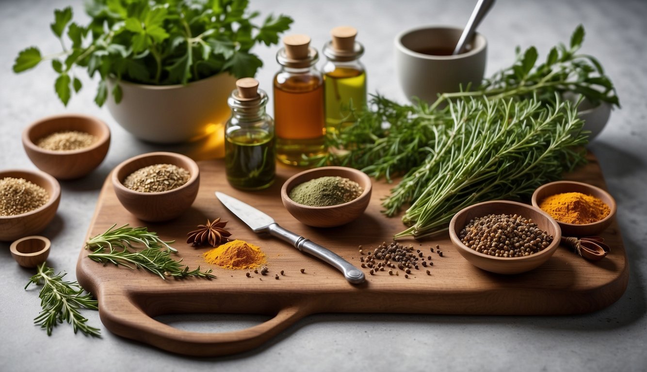 A wooden cutting board with fresh herbs, a mortar and pestle, and a variety of spices scattered around. An open herbal recipes book lies nearby