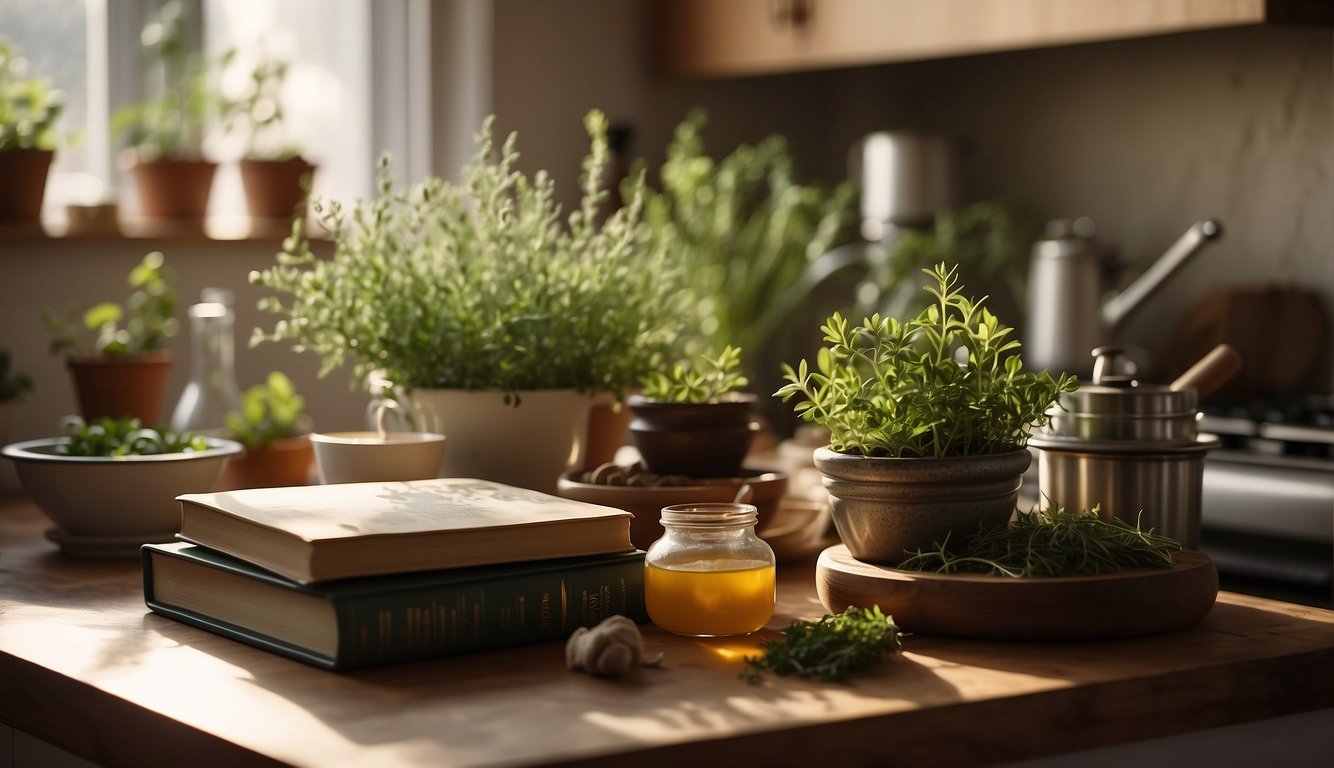 A table covered with open herbal recipe books, mortar and pestle, and various herbs and plants in a cozy, sunlit kitchen