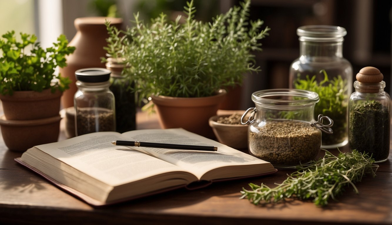 A table covered in open books, jars of herbs, and a mortar and pestle. A pen and notebook sit nearby, ready to record herbal recipes