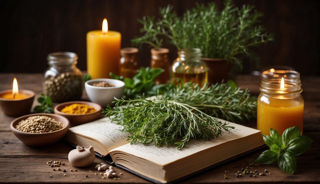 An open herbal recipes book surrounded by various herbs and ingredients on a wooden table