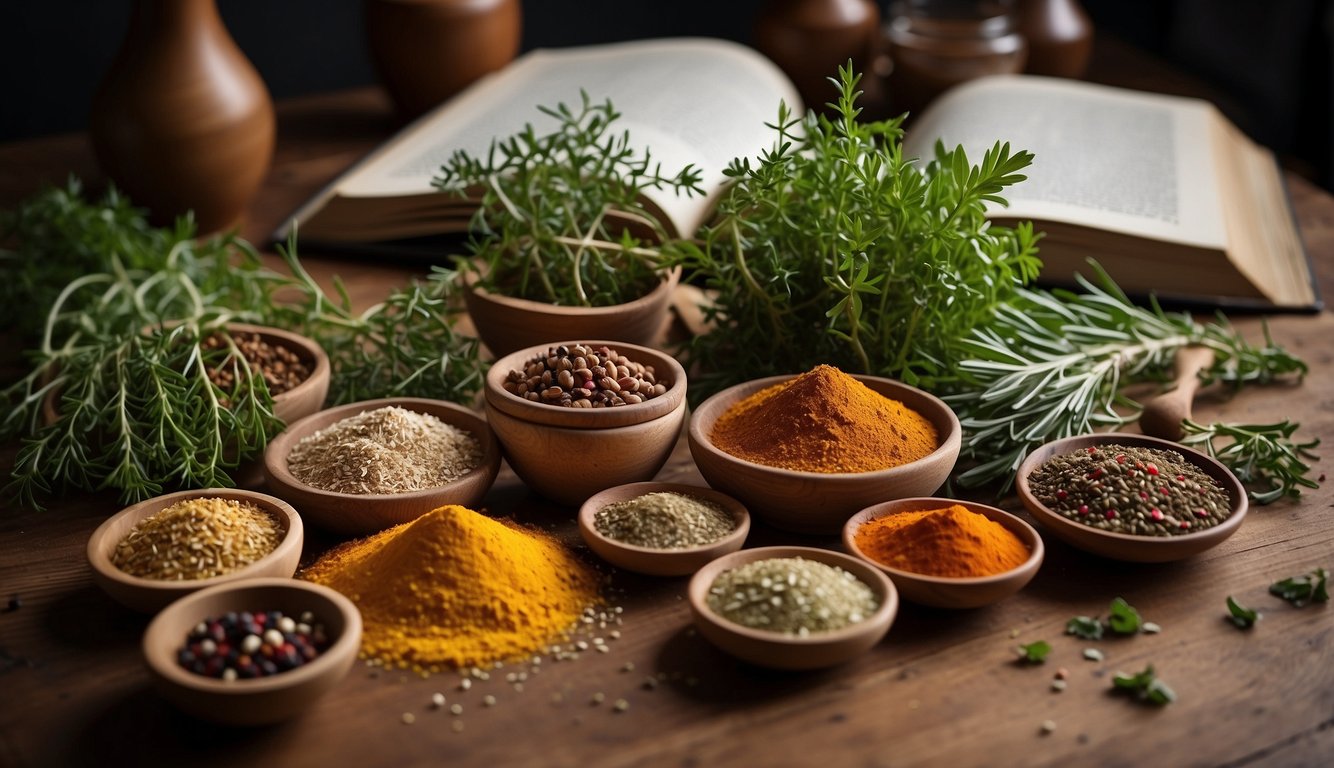 A pile of colorful herbs and spices arranged neatly on a wooden table, alongside an open book titled "Frequently Asked Questions herbal recipes."
