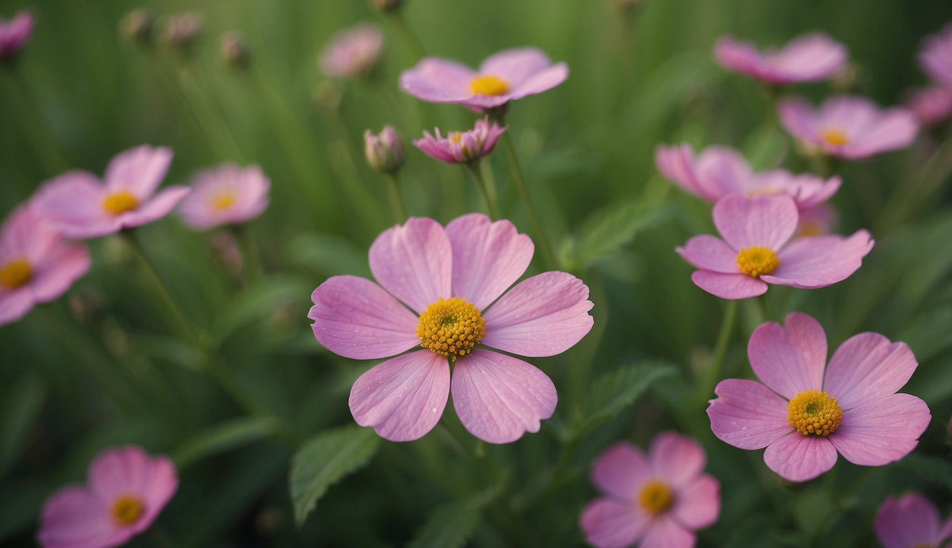 Pink flowers bloom on a lush green herb, tenderly cared for by gentle hands