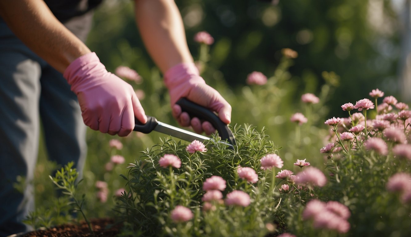A gardener trims pink-flowered herbs