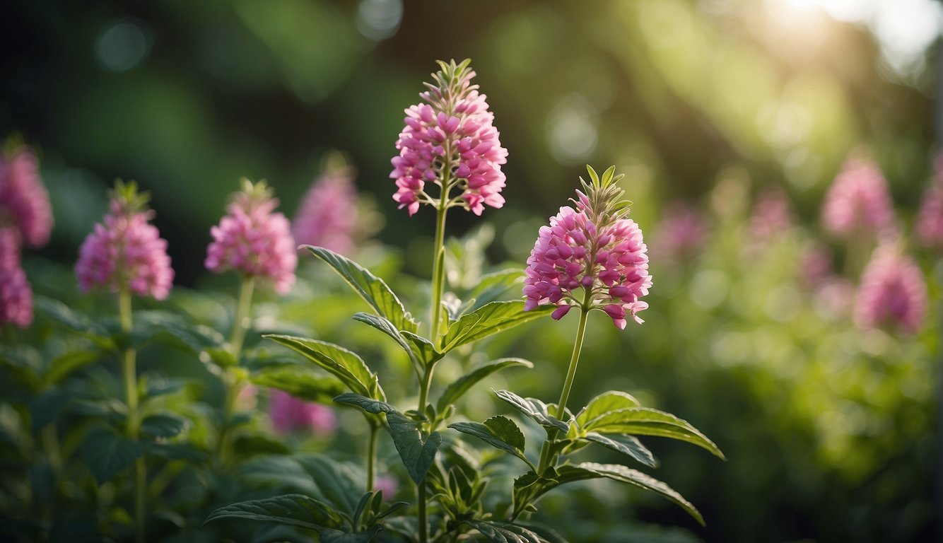 A vibrant herb with pink flowers stands tall against a backdrop of lush green foliage