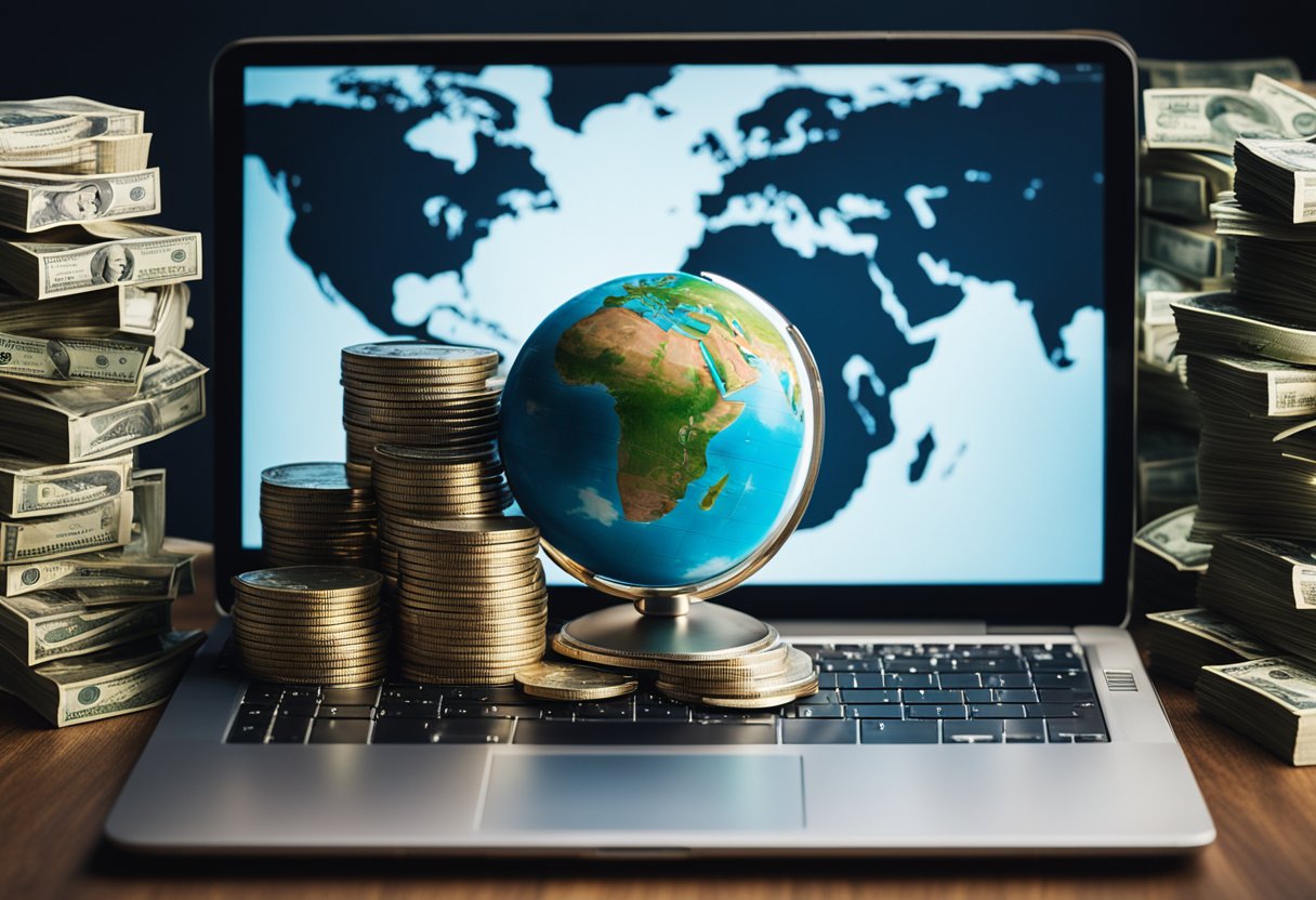 A laptop with a globe on the screen, surrounded by stacks of money and a key symbolizing financial freedom