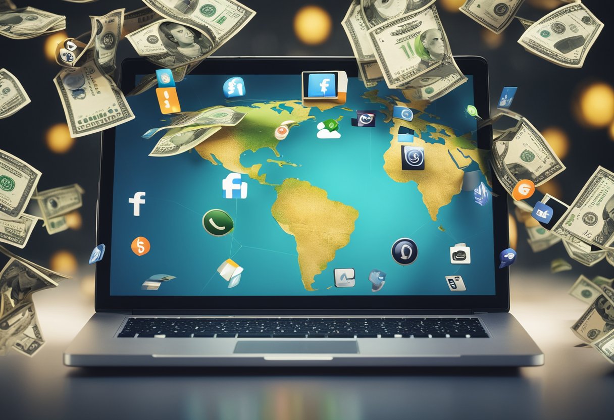 A laptop with a globe on the screen, surrounded by icons of social media platforms and a stack of money symbolizing financial freedom