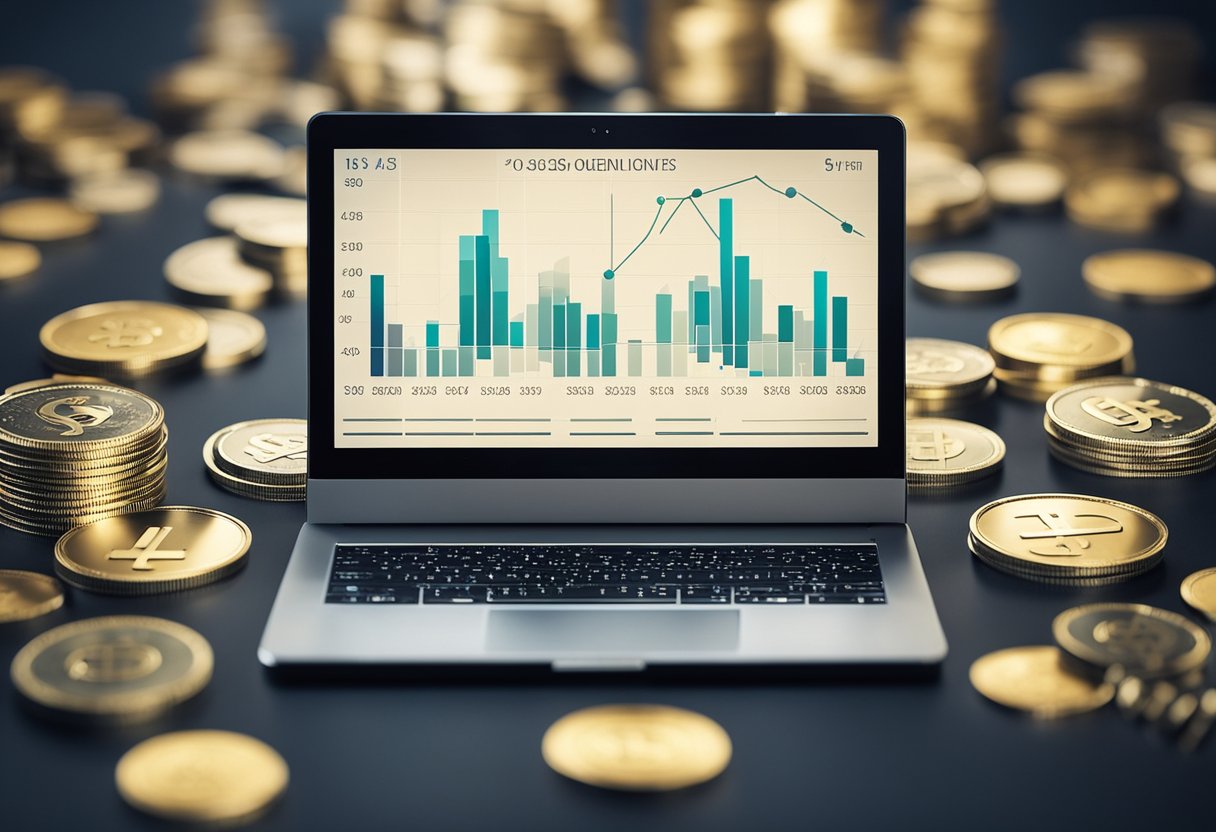 A graph with an upward trend, surrounded by digital devices and currency symbols, symbolizing the growth and success of an online business