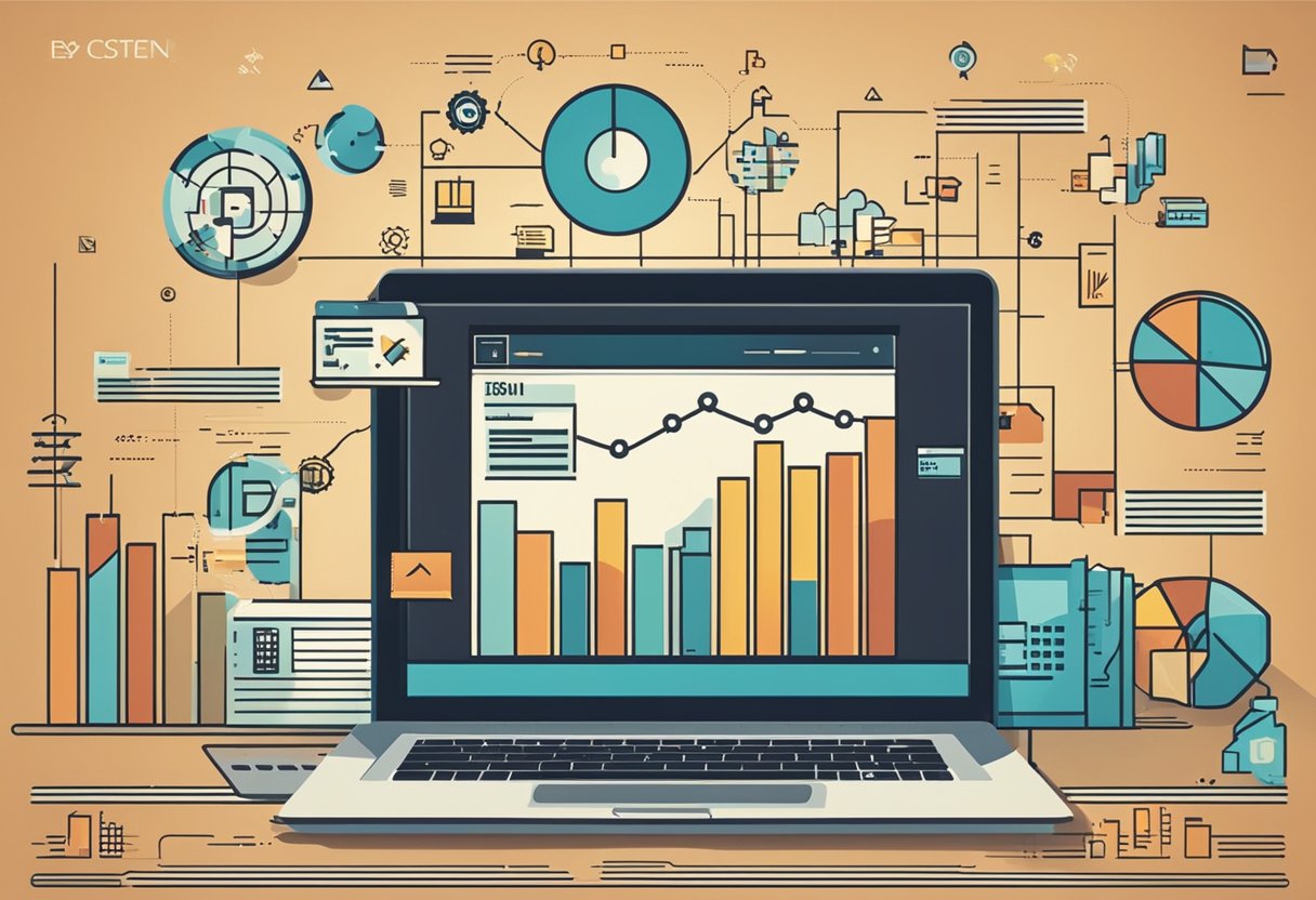 A computer screen displaying a bar graph with a steady upward trend, surrounded by icons representing various financial tools and resources