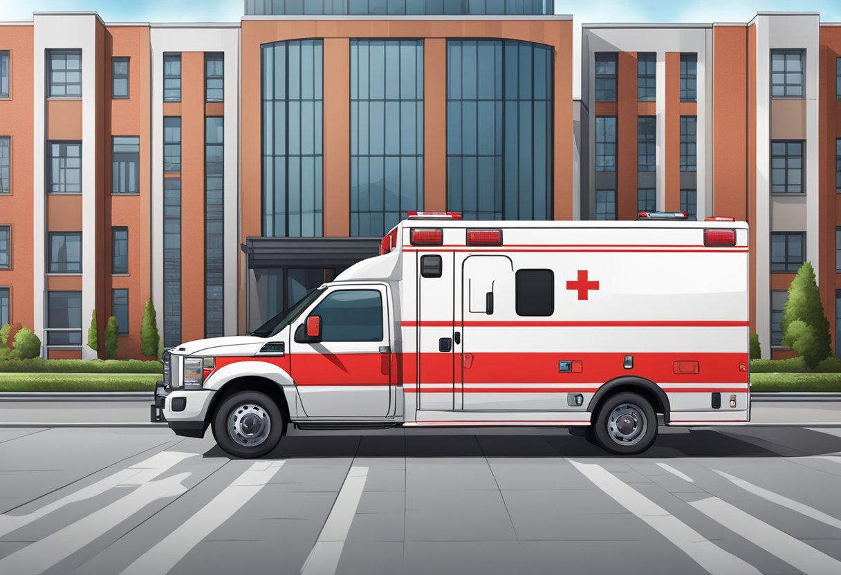 A private ambulance with red and white stripes parked outside a building