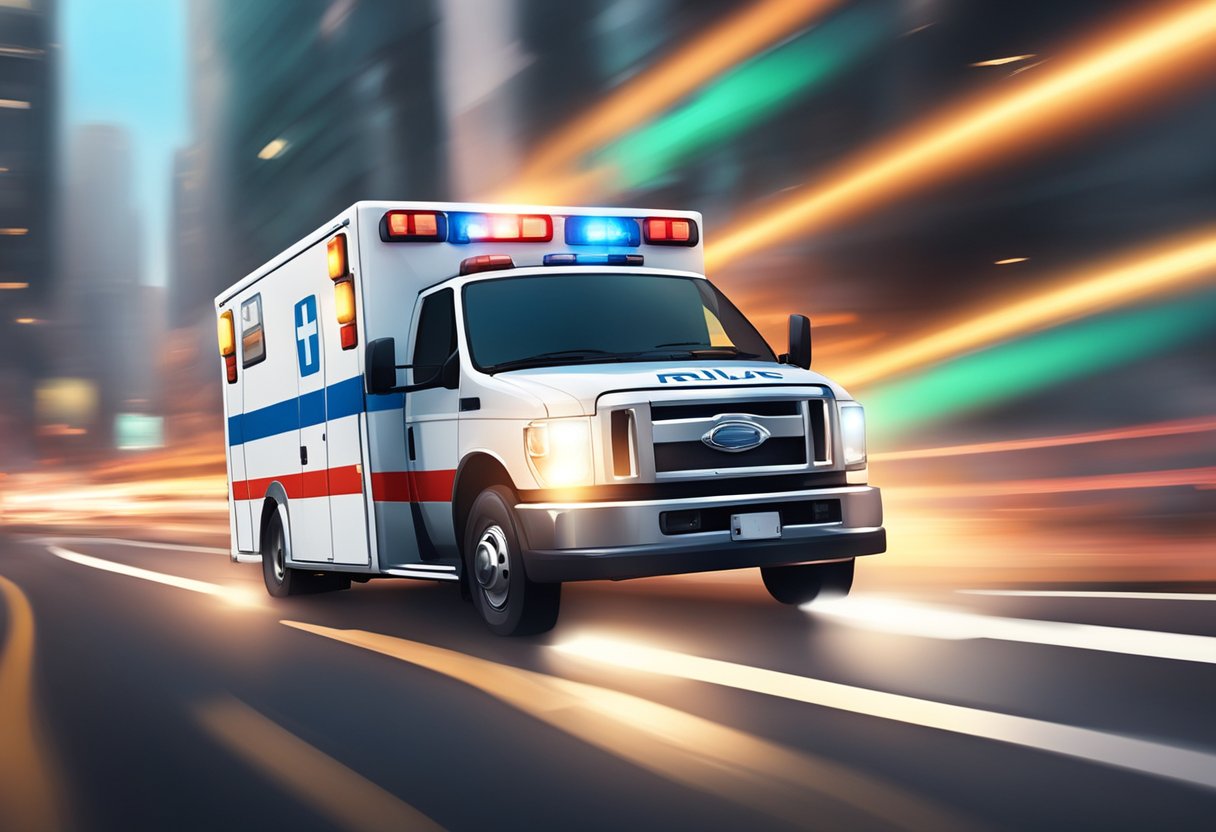 A private ambulance rushing through traffic with flashing lights and blaring sirens