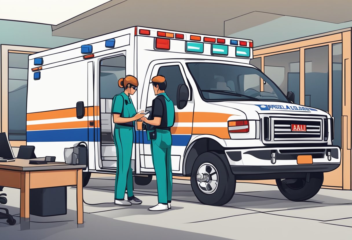 A private ambulance being hired with a phone call and paperwork filled out by a person at a desk