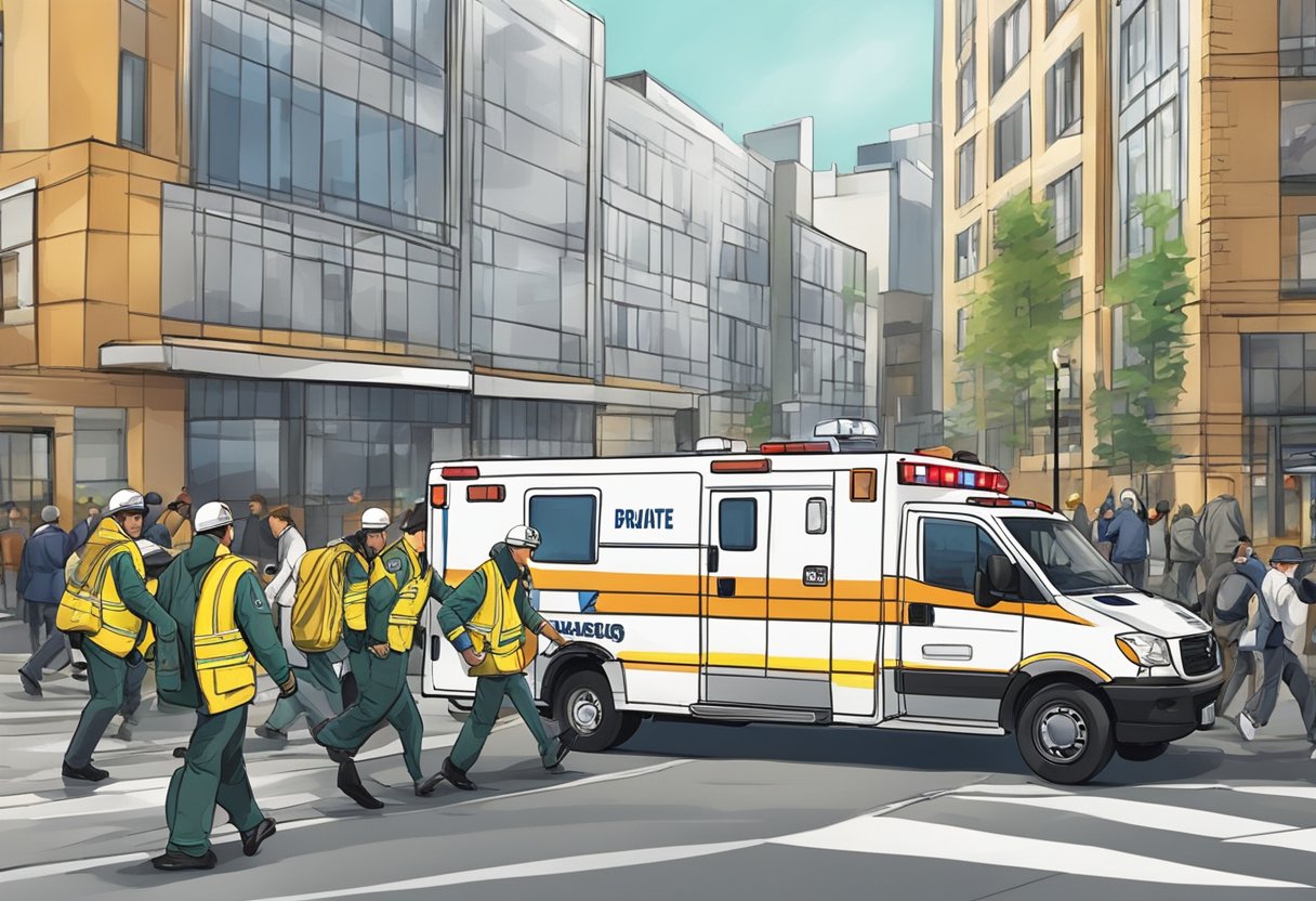 A private ambulance crew rushing to assist a patient in a busy urban setting