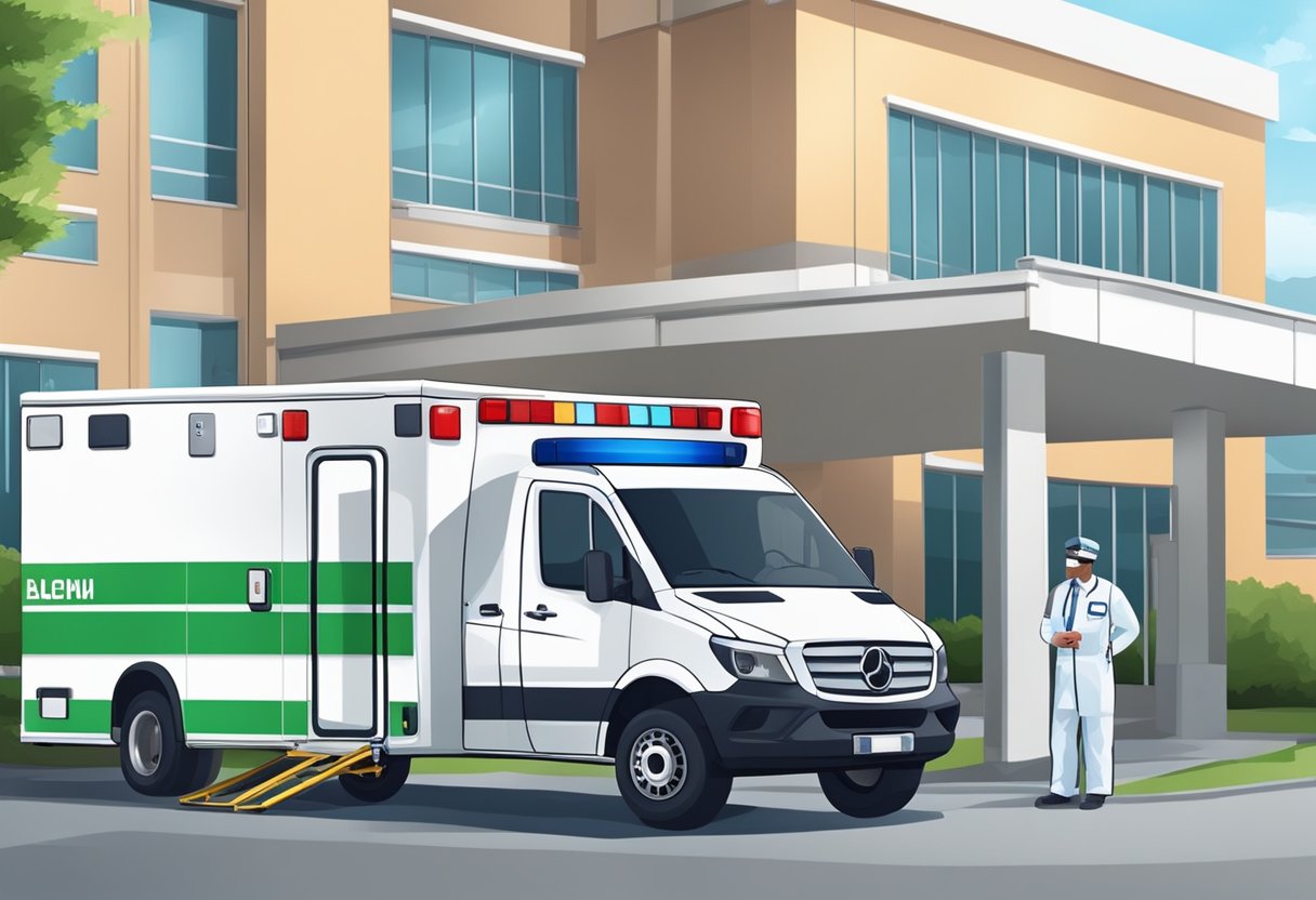 A private ambulance parked outside a hospital, with a paramedic checking medical equipment for quality and safety