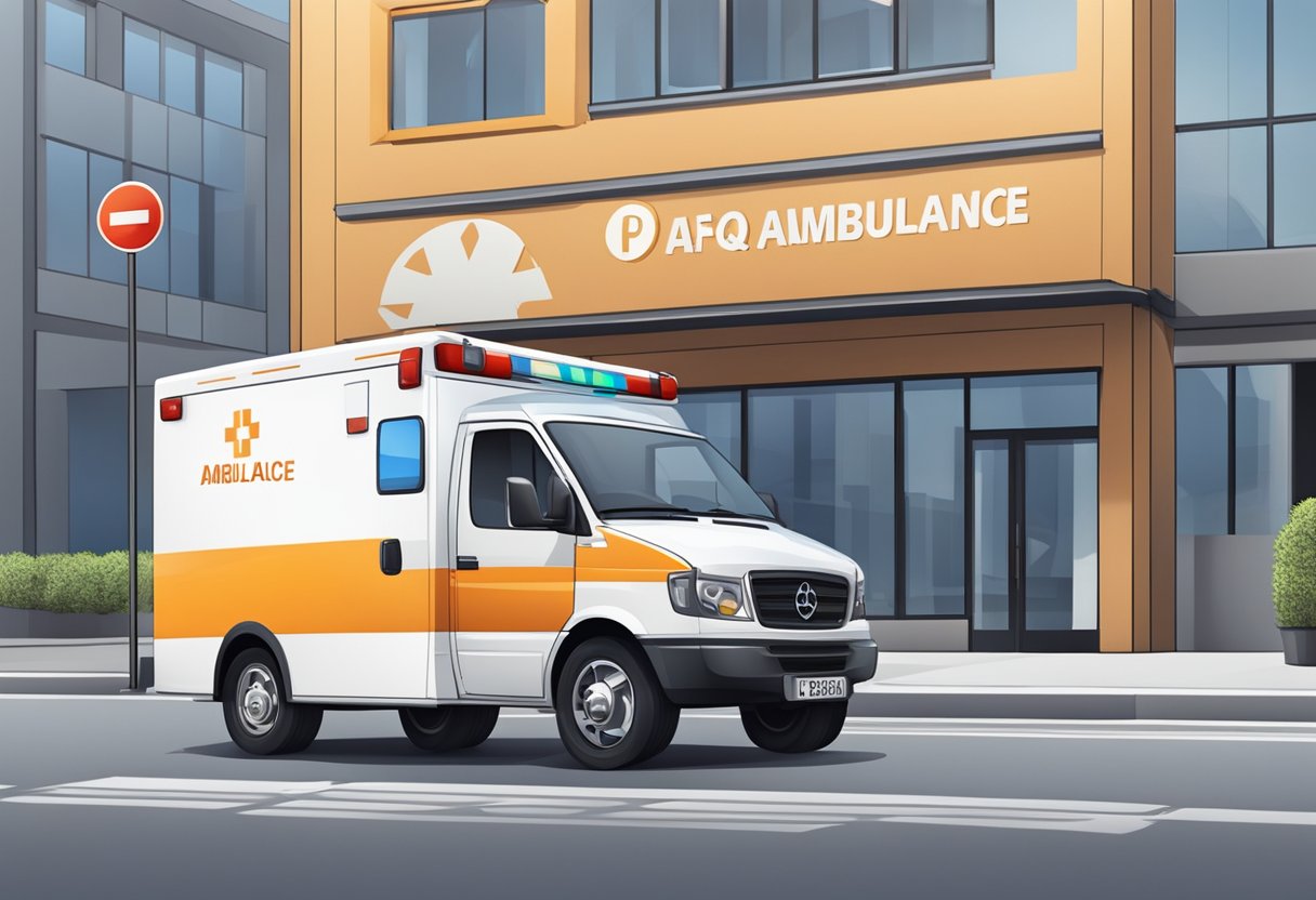 A private ambulance parked with FAQ sign nearby