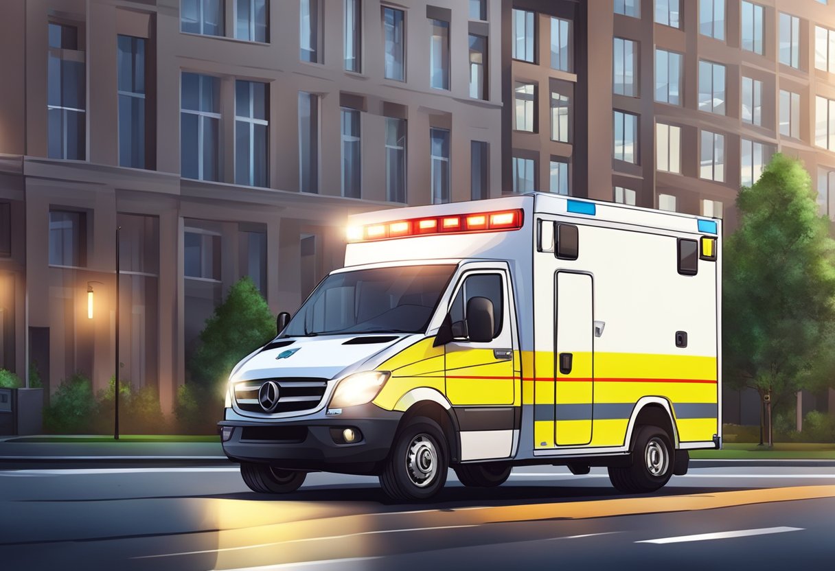 A private ambulance parked outside a building, with its lights flashing and the medical equipment visible through the windows