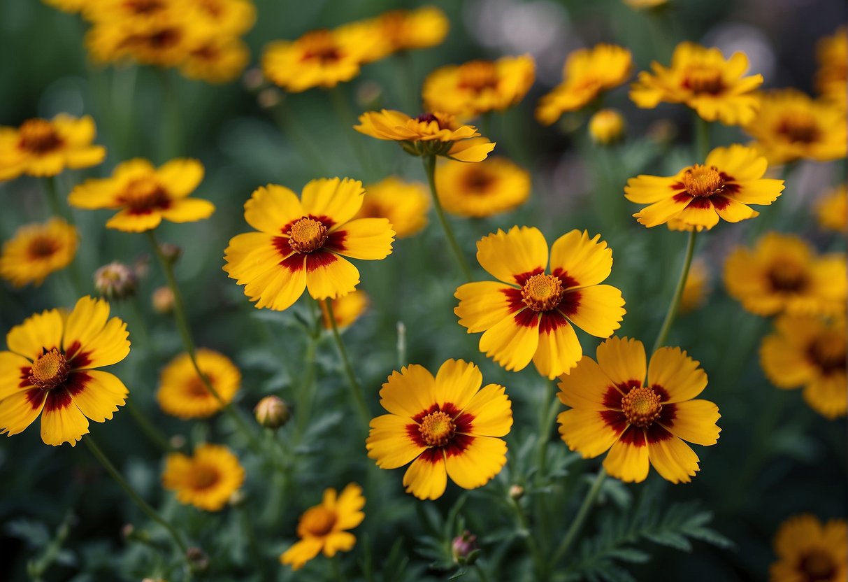 Bright coreopsis flowers bloom in a well-maintained garden bed. Varieties are arranged in a visually appealing pattern, showcasing their diverse colors and sizes
