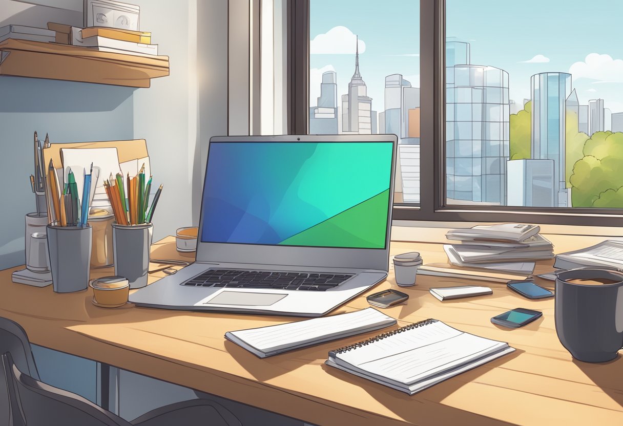 A desk with a computer displaying Google Workspace apps, surrounded by open notebooks, pens, and a mug of coffee. A window shows a sunny cityscape