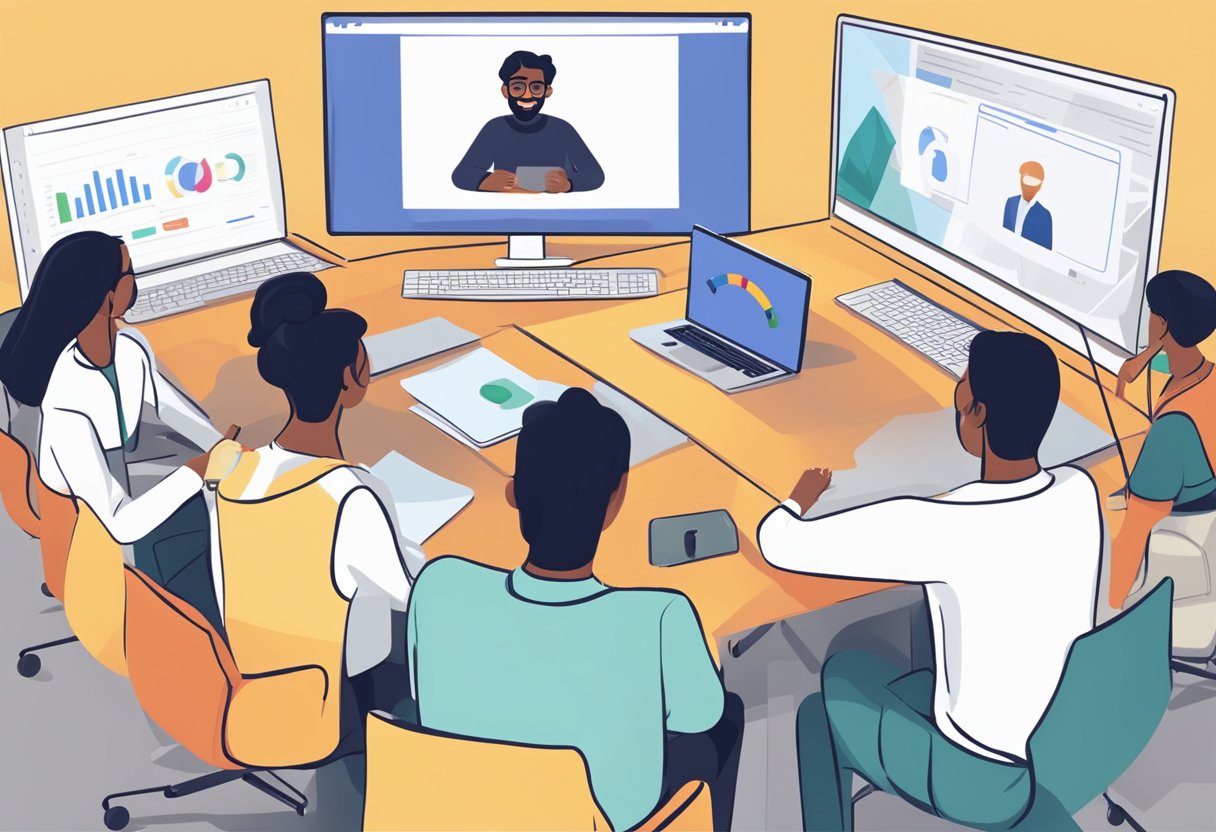 A laptop displaying a Google Meet session with multiple participants engaged in a lively discussion. A virtual whiteboard and file sharing feature are being utilized to enhance collaboration