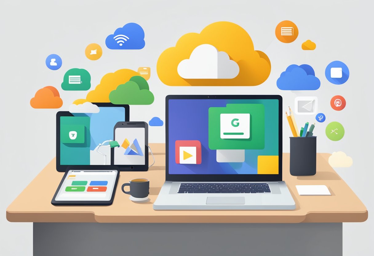 A desk with a laptop, tablet, and smartphone surrounded by open Google Workspace apps. A cloud icon hovers above, symbolizing connectivity