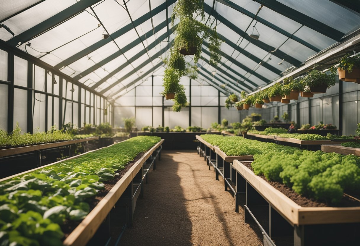 Lush green plants fill a tidy greenhouse with rows of raised planting beds, shelves of gardening supplies, and a misting system overhead