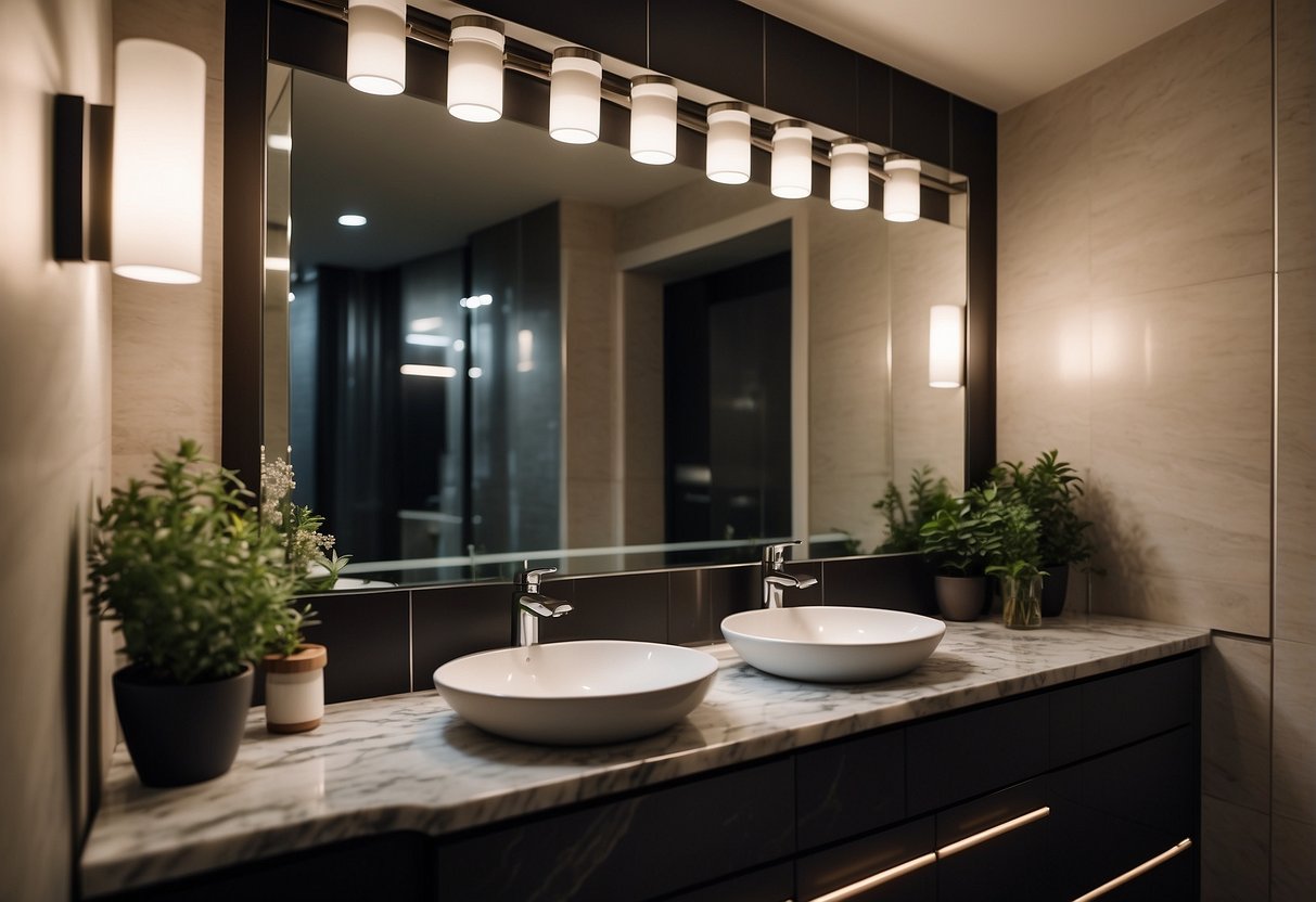 A modern bathroom with a sleek, rectangular mirror above the sink. The mirror is surrounded by elegant, marble tiles and illuminated by soft, warm lighting