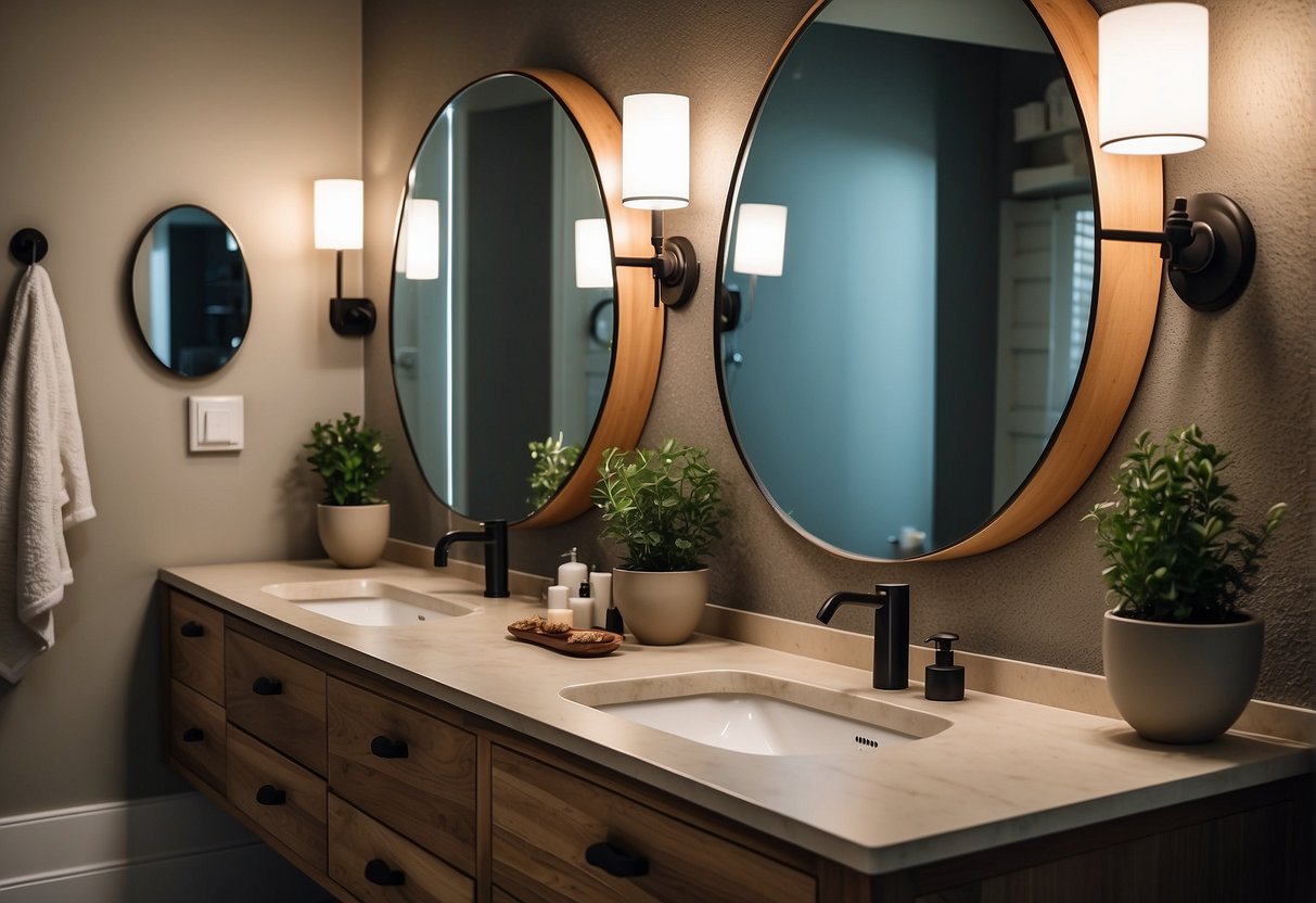 A bathroom with a variety of mirrors in different sizes and shapes, positioned above the sink and vanity area. Light fixtures illuminate the space, creating a warm and inviting atmosphere