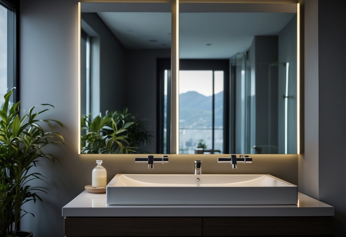 A bathroom mirror reflects a modern sink and sleek faucet. The mirror is surrounded by LED lights, with a built-in defogger and touch sensor