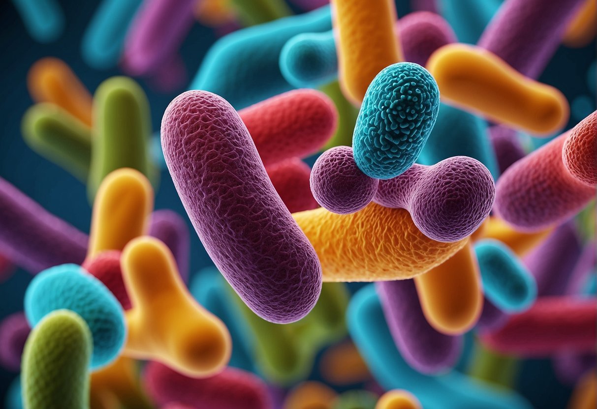 A group of diverse bacteria floating in a vibrant, colorful environment, representing the importance of probiotics for women's health